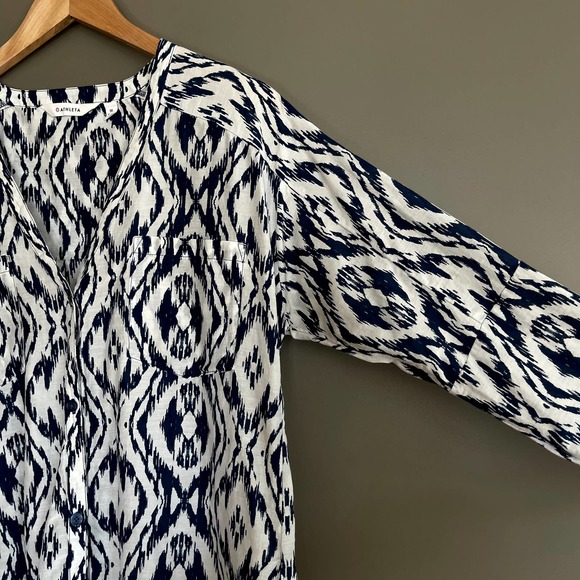 Athleta Printed Kaftan Shirt Dress Tunic Navy Blue White Ikat Medium Cover Up - Picture 7 of 16